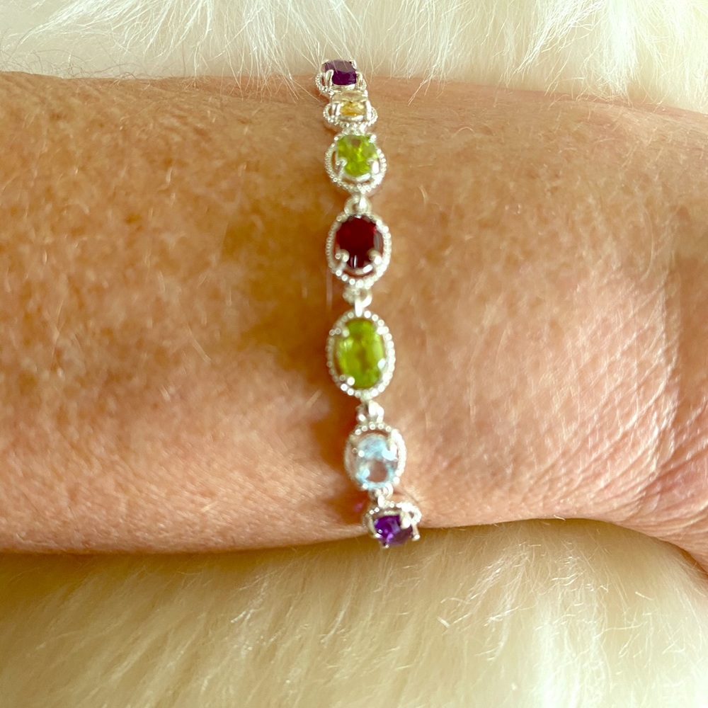 Gem Stones 925 Sterling Silver Bolo Bracelet. - Picture 4 of 6